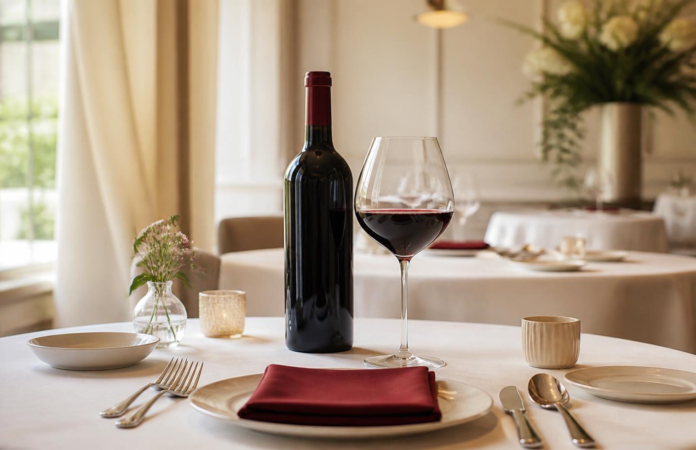 An elegant wine bottle and glass in a premium restaurant setting